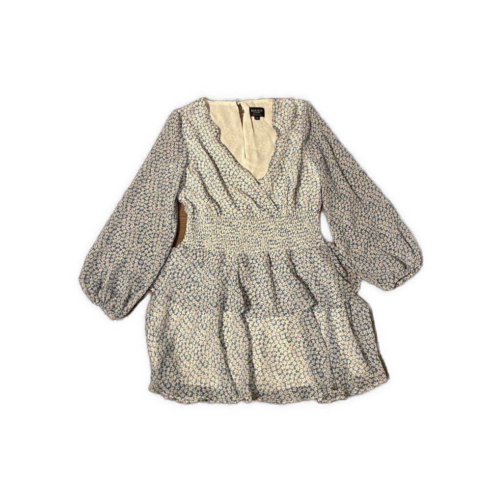 bardot junior girls blue white daisy floral long sleeve v neck ruffle mini dress